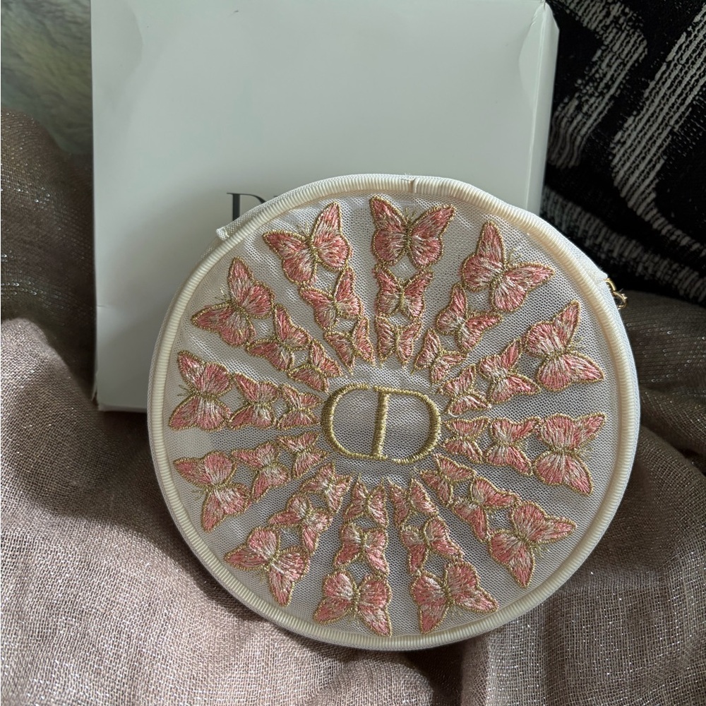 Dior Cream Round Cosmetic Pouch with Pink & Gold Butterfly Embroidery